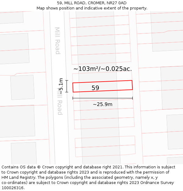 59, MILL ROAD, CROMER, NR27 0AD: Plot and title map