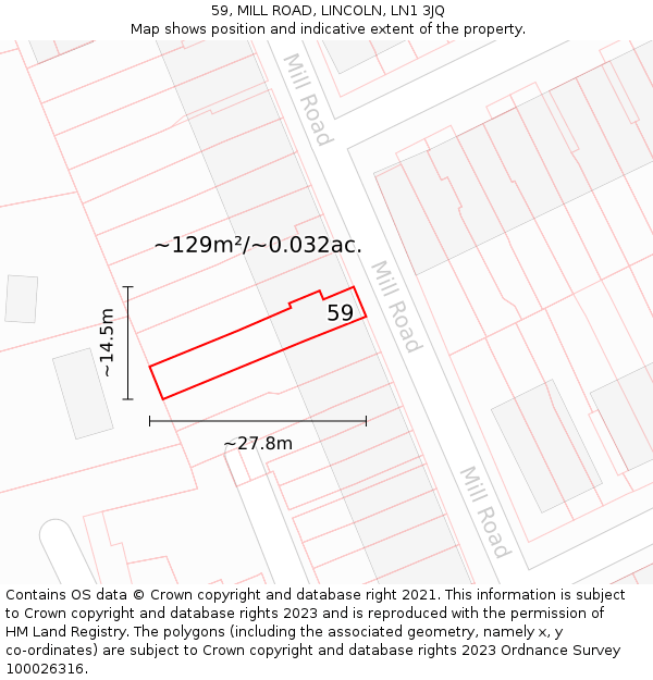59, MILL ROAD, LINCOLN, LN1 3JQ: Plot and title map