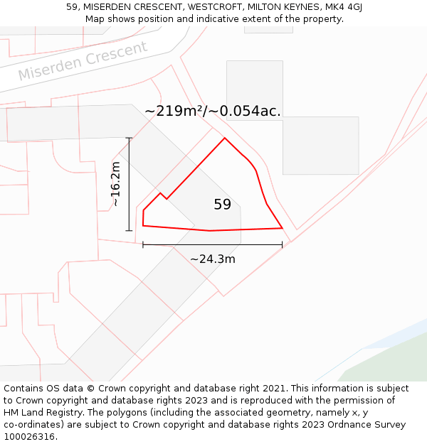 59, MISERDEN CRESCENT, WESTCROFT, MILTON KEYNES, MK4 4GJ: Plot and title map