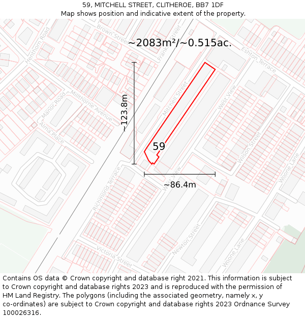 59, MITCHELL STREET, CLITHEROE, BB7 1DF: Plot and title map