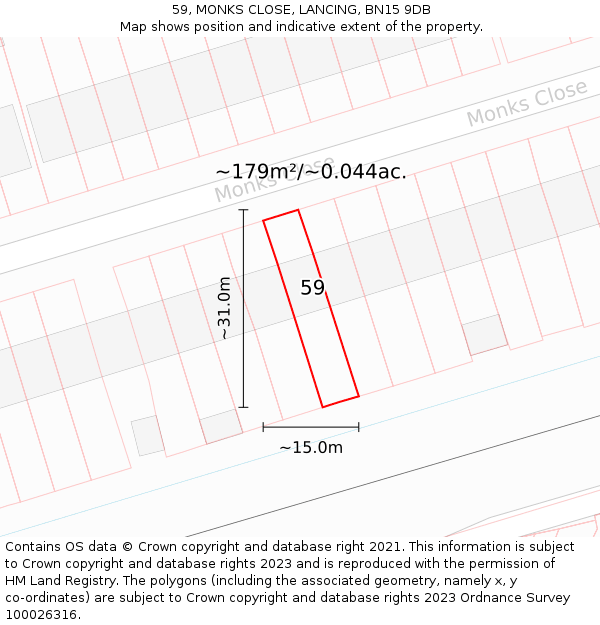 59, MONKS CLOSE, LANCING, BN15 9DB: Plot and title map