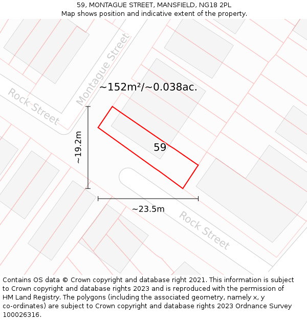 59, MONTAGUE STREET, MANSFIELD, NG18 2PL: Plot and title map