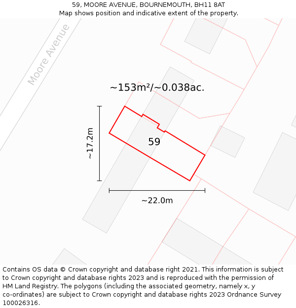 59, MOORE AVENUE, BOURNEMOUTH, BH11 8AT: Plot and title map