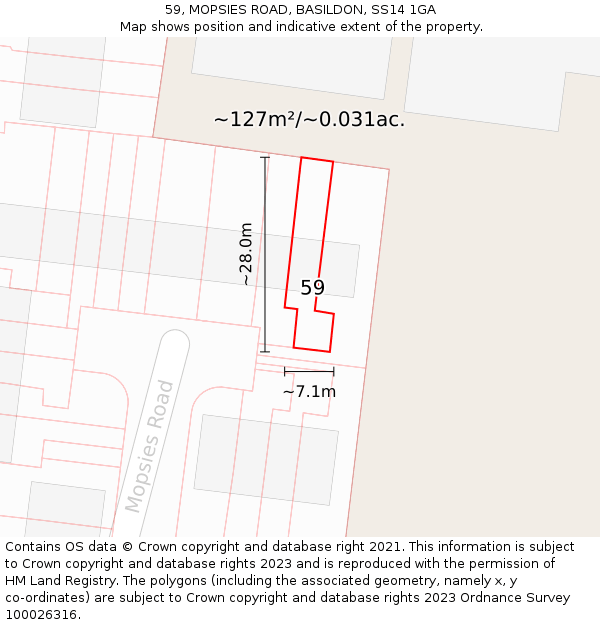 59, MOPSIES ROAD, BASILDON, SS14 1GA: Plot and title map