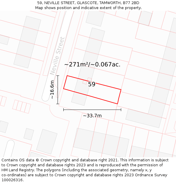 59, NEVILLE STREET, GLASCOTE, TAMWORTH, B77 2BD: Plot and title map