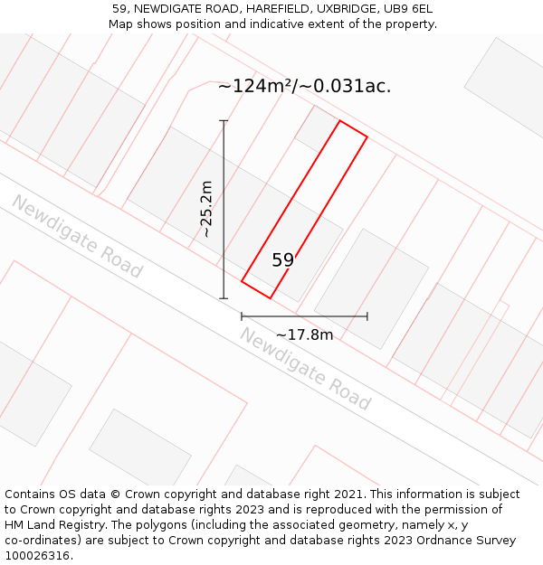 59, NEWDIGATE ROAD, HAREFIELD, UXBRIDGE, UB9 6EL: Plot and title map