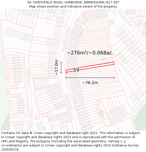59, NORTHFIELD ROAD, HARBORNE, BIRMINGHAM, B17 0ST: Plot and title map