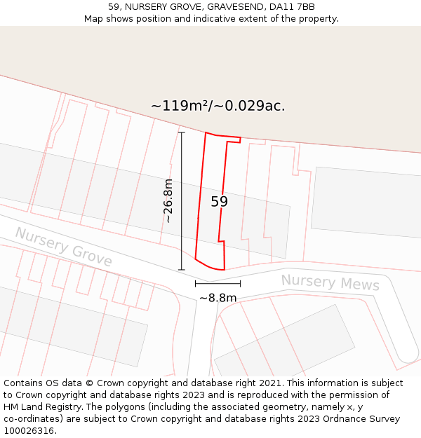 59, NURSERY GROVE, GRAVESEND, DA11 7BB: Plot and title map