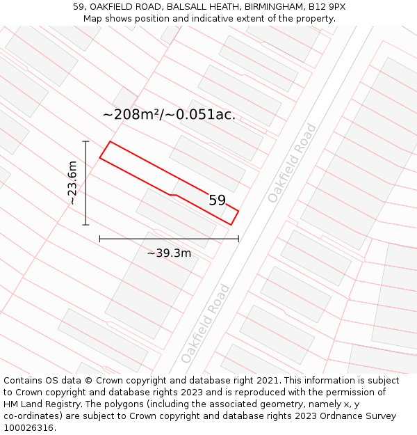 59, OAKFIELD ROAD, BALSALL HEATH, BIRMINGHAM, B12 9PX: Plot and title map