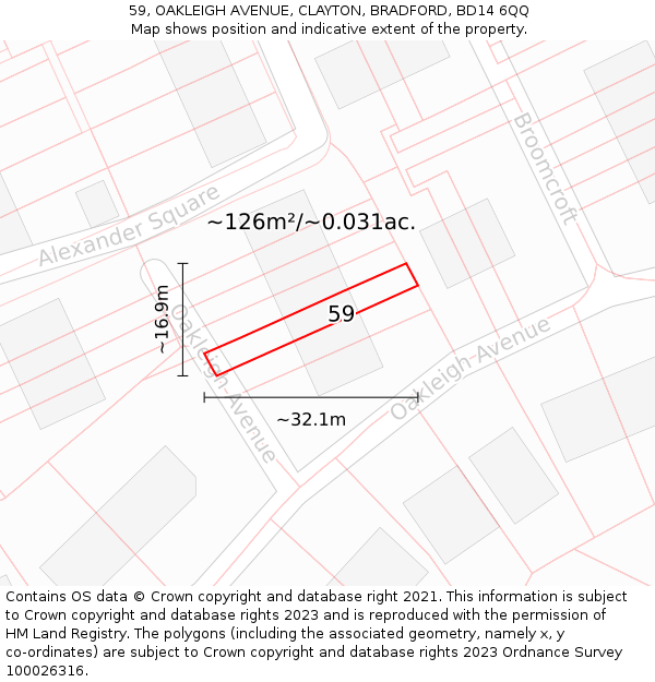59, OAKLEIGH AVENUE, CLAYTON, BRADFORD, BD14 6QQ: Plot and title map