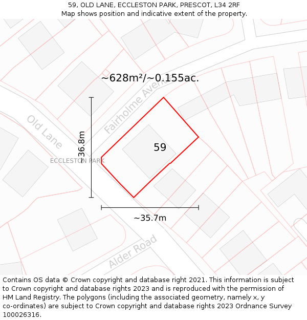 59, OLD LANE, ECCLESTON PARK, PRESCOT, L34 2RF: Plot and title map