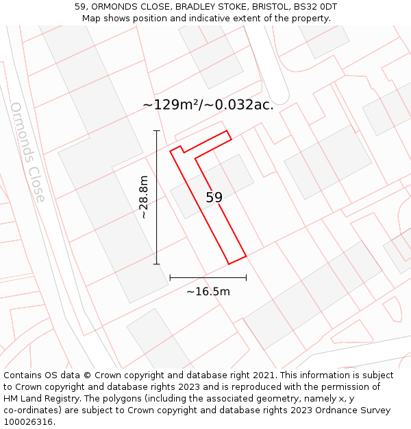 59, ORMONDS CLOSE, BRADLEY STOKE, BRISTOL, BS32 0DT: Plot and title map