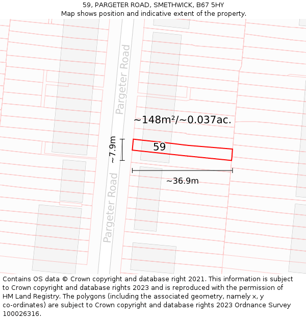 59, PARGETER ROAD, SMETHWICK, B67 5HY: Plot and title map
