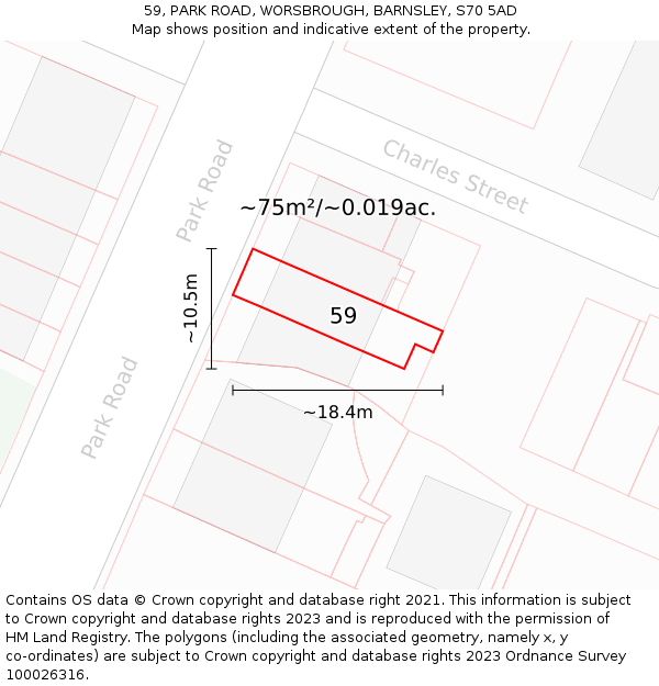 59, PARK ROAD, WORSBROUGH, BARNSLEY, S70 5AD: Plot and title map