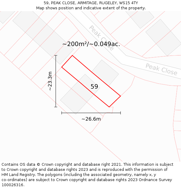 59, PEAK CLOSE, ARMITAGE, RUGELEY, WS15 4TY: Plot and title map