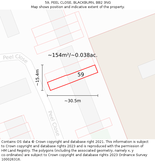 59, PEEL CLOSE, BLACKBURN, BB2 3NG: Plot and title map