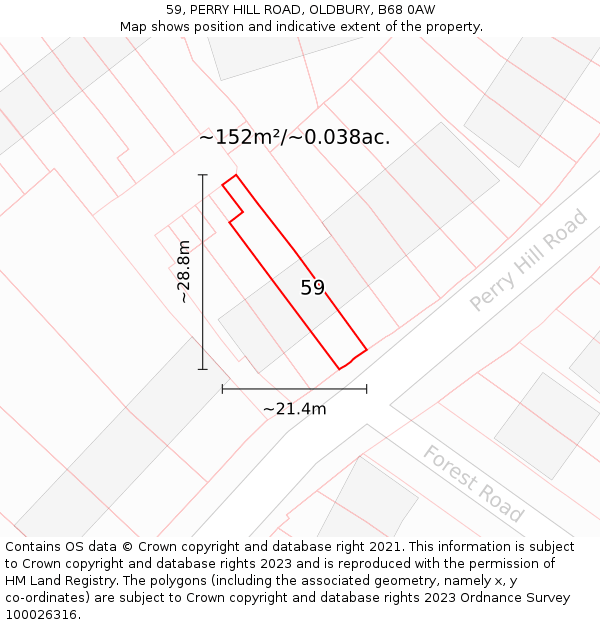 59, PERRY HILL ROAD, OLDBURY, B68 0AW: Plot and title map