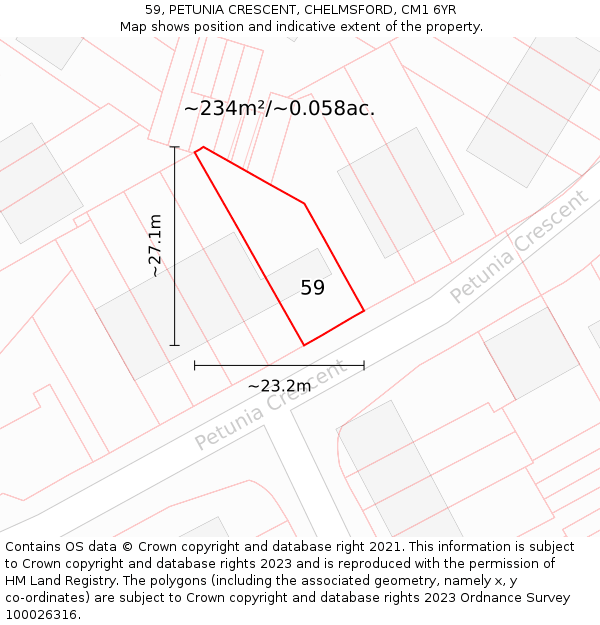 59, PETUNIA CRESCENT, CHELMSFORD, CM1 6YR: Plot and title map