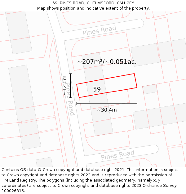 59, PINES ROAD, CHELMSFORD, CM1 2EY: Plot and title map