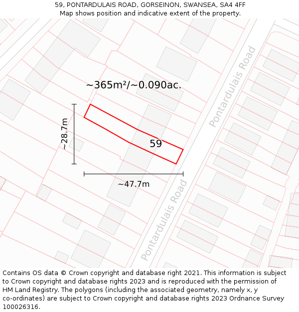 59, PONTARDULAIS ROAD, GORSEINON, SWANSEA, SA4 4FF: Plot and title map