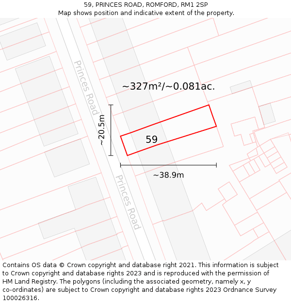 59, PRINCES ROAD, ROMFORD, RM1 2SP: Plot and title map