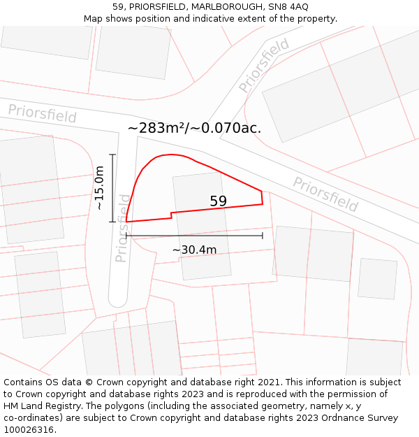 59, PRIORSFIELD, MARLBOROUGH, SN8 4AQ: Plot and title map