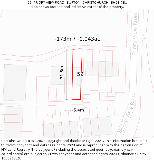 59, PRIORY VIEW ROAD, BURTON, CHRISTCHURCH, BH23 7EU: Plot and title map