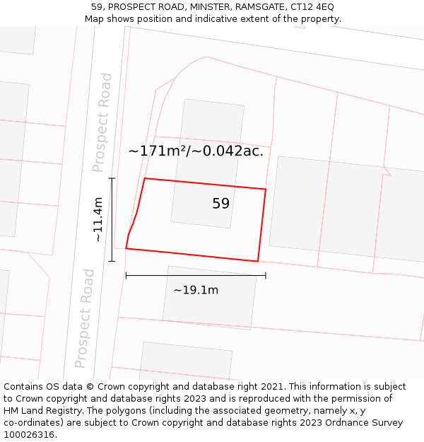 59, PROSPECT ROAD, MINSTER, RAMSGATE, CT12 4EQ: Plot and title map