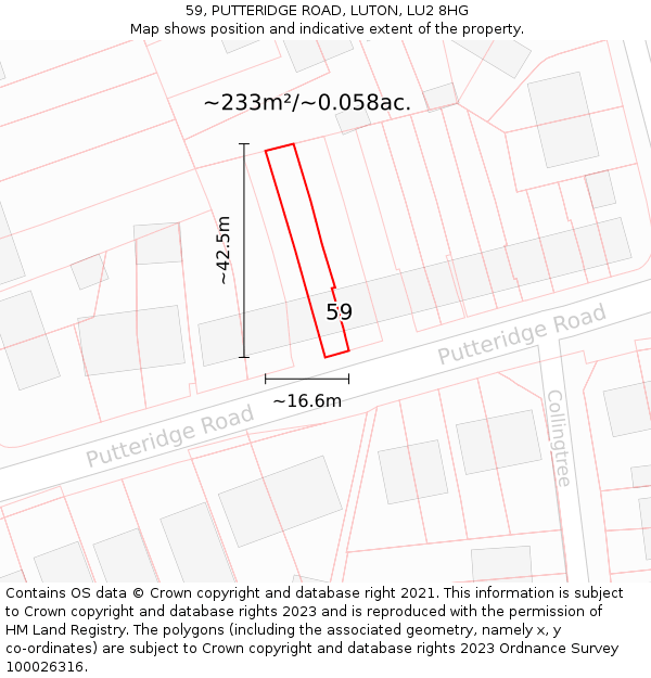 59, PUTTERIDGE ROAD, LUTON, LU2 8HG: Plot and title map