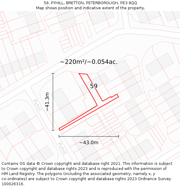 59, PYHILL, BRETTON, PETERBOROUGH, PE3 8QQ: Plot and title map