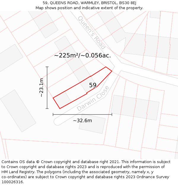 59, QUEENS ROAD, WARMLEY, BRISTOL, BS30 8EJ: Plot and title map
