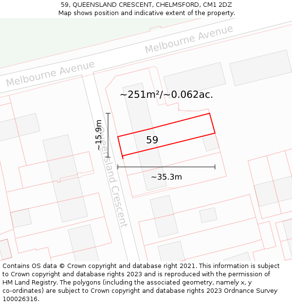 59, QUEENSLAND CRESCENT, CHELMSFORD, CM1 2DZ: Plot and title map
