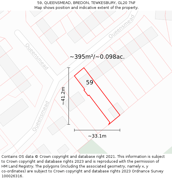 59, QUEENSMEAD, BREDON, TEWKESBURY, GL20 7NF: Plot and title map