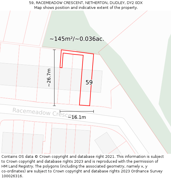 59, RACEMEADOW CRESCENT, NETHERTON, DUDLEY, DY2 0DX: Plot and title map
