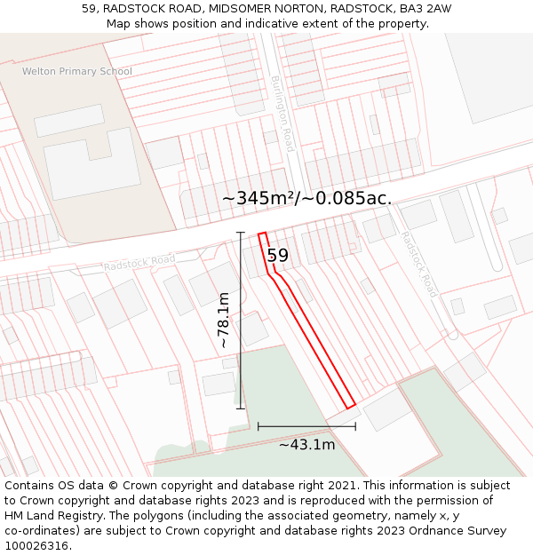 59, RADSTOCK ROAD, MIDSOMER NORTON, RADSTOCK, BA3 2AW: Plot and title map