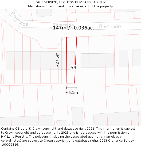 59, RIVERSIDE, LEIGHTON BUZZARD, LU7 3HX: Plot and title map