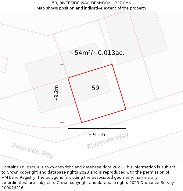 59, RIVERSIDE WAY, BRANDON, IP27 0AN: Plot and title map