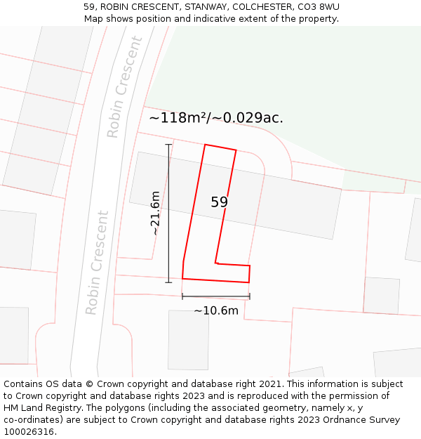 59, ROBIN CRESCENT, STANWAY, COLCHESTER, CO3 8WU: Plot and title map