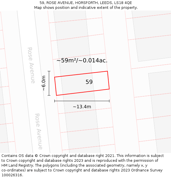 59, ROSE AVENUE, HORSFORTH, LEEDS, LS18 4QE: Plot and title map