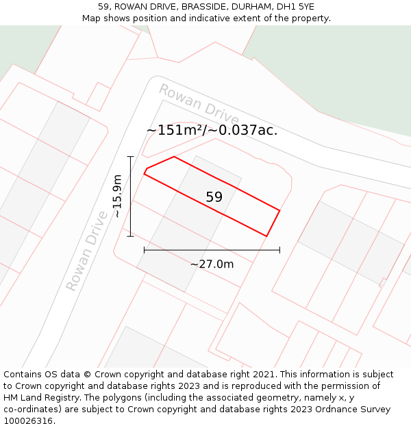59, ROWAN DRIVE, BRASSIDE, DURHAM, DH1 5YE: Plot and title map