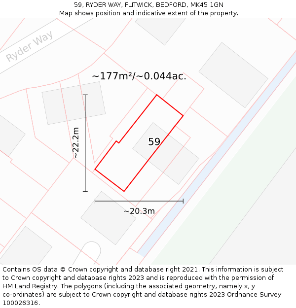 59, RYDER WAY, FLITWICK, BEDFORD, MK45 1GN: Plot and title map