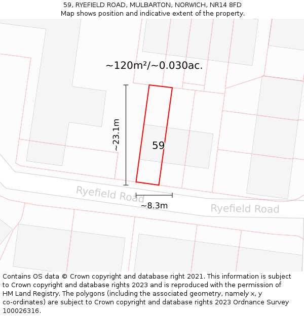 59, RYEFIELD ROAD, MULBARTON, NORWICH, NR14 8FD: Plot and title map