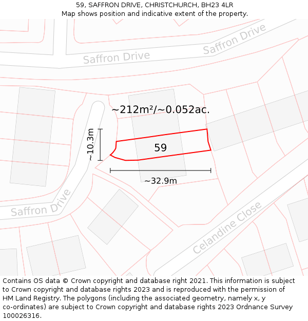 59, SAFFRON DRIVE, CHRISTCHURCH, BH23 4LR: Plot and title map