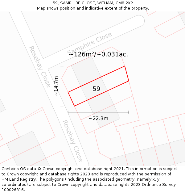 59, SAMPHIRE CLOSE, WITHAM, CM8 2XP: Plot and title map