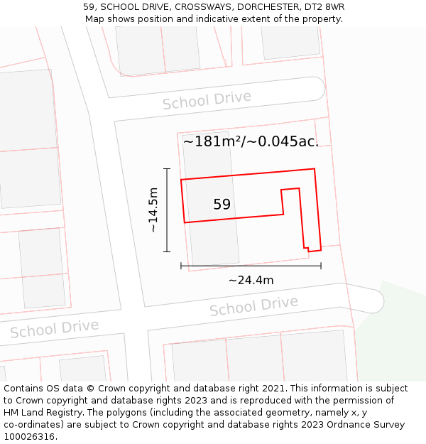59, SCHOOL DRIVE, CROSSWAYS, DORCHESTER, DT2 8WR: Plot and title map