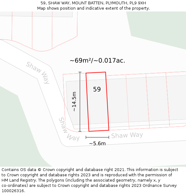 59, SHAW WAY, MOUNT BATTEN, PLYMOUTH, PL9 9XH: Plot and title map