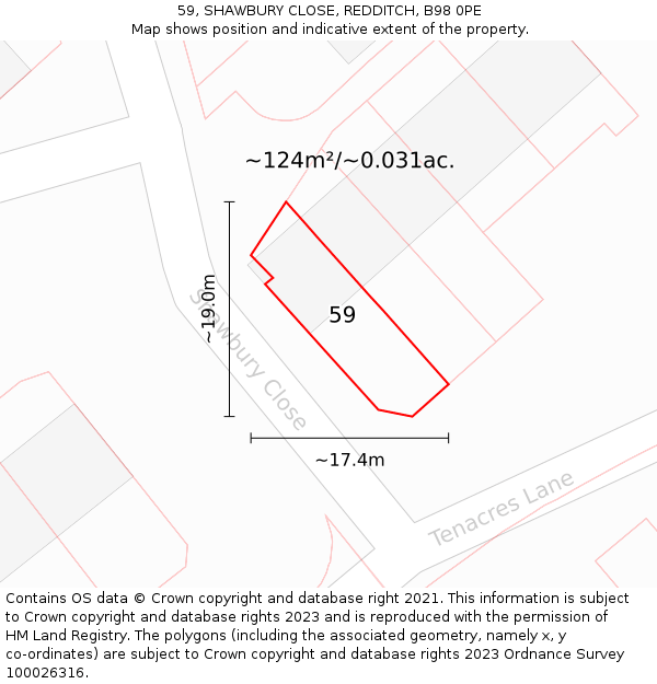 59, SHAWBURY CLOSE, REDDITCH, B98 0PE: Plot and title map
