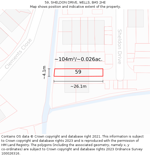 59, SHELDON DRIVE, WELLS, BA5 2HE: Plot and title map