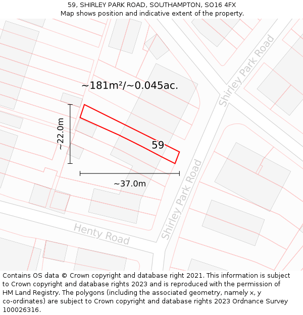 59, SHIRLEY PARK ROAD, SOUTHAMPTON, SO16 4FX: Plot and title map