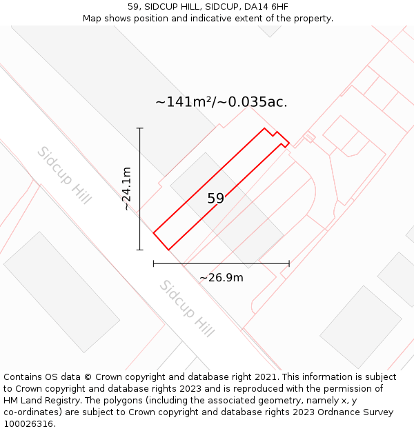59, SIDCUP HILL, SIDCUP, DA14 6HF: Plot and title map